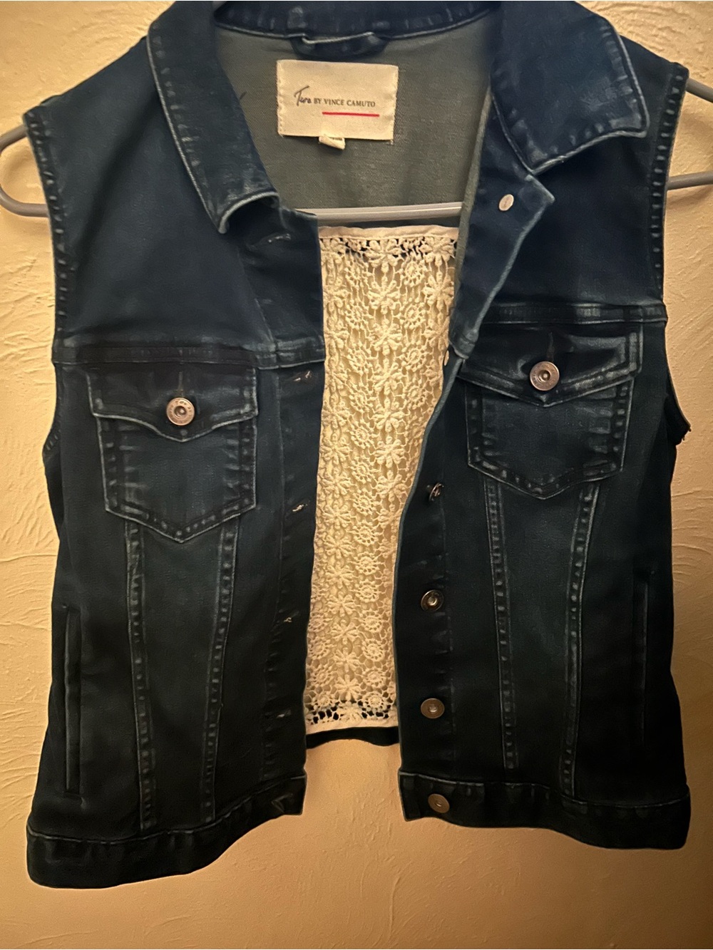Vince Camuto Dark Blue Denim Vest with Crochet Back Panel